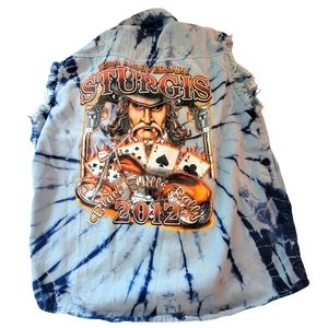 Biker Wear Mens Blue Tie Dye Cotton Sleeveless Button Up Denim Shirt Size Medium